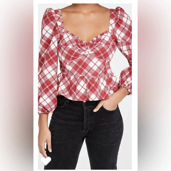 NWT RAHI Women's Sweetheart Peplum Red Plaid Top Blossom Blouse - Picture 1 of 6